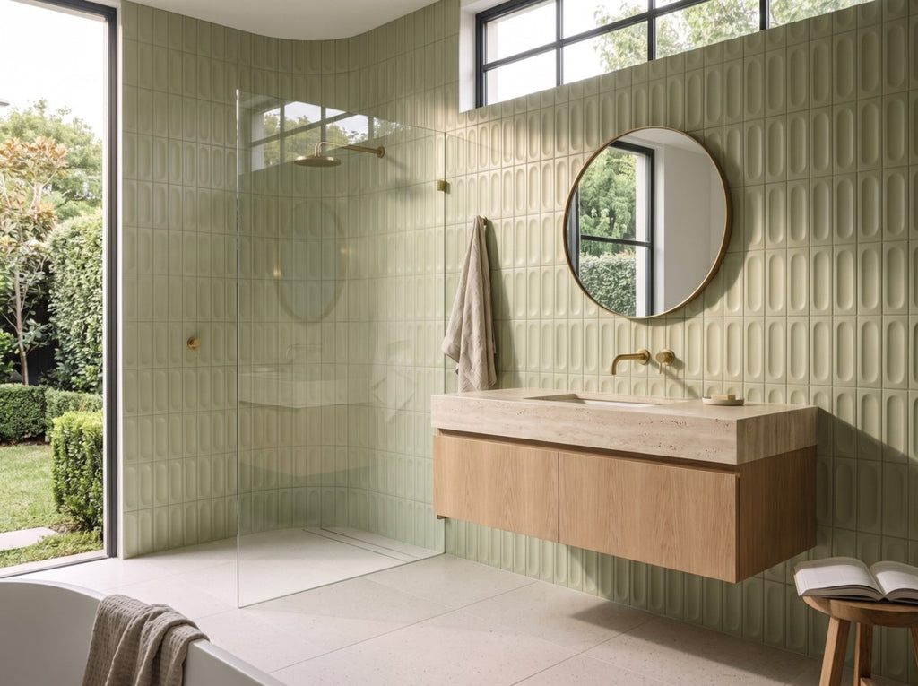 Confetto Salvia 3D Matt 50x150 tiles in a bathroom