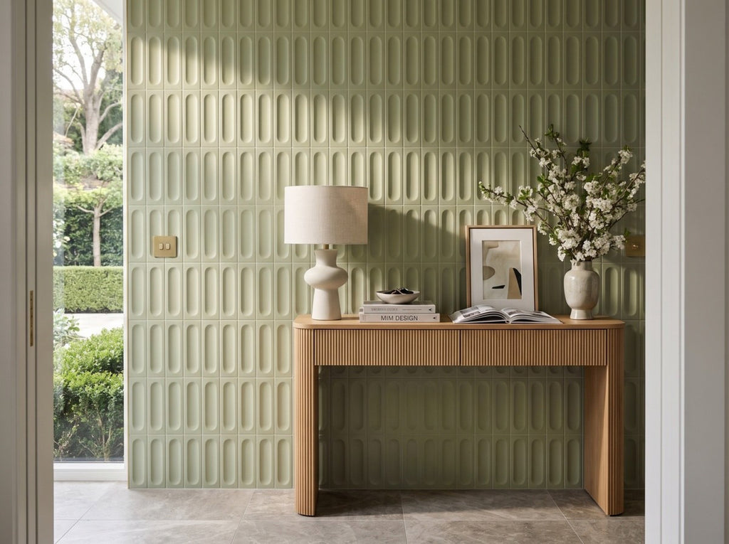 Confetto Salvia 3D Matt 50x150 tiles in a entry