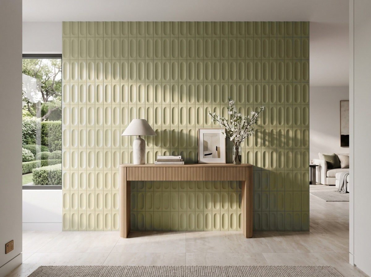 Confetto Salvia 3D Matt 50x150 tiles in a entry