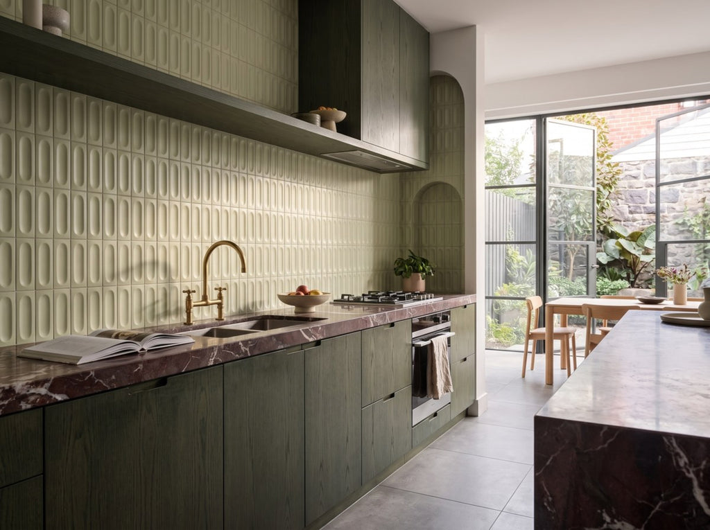 Confetto Salvia 3D Matt 50x150 tiles in a room