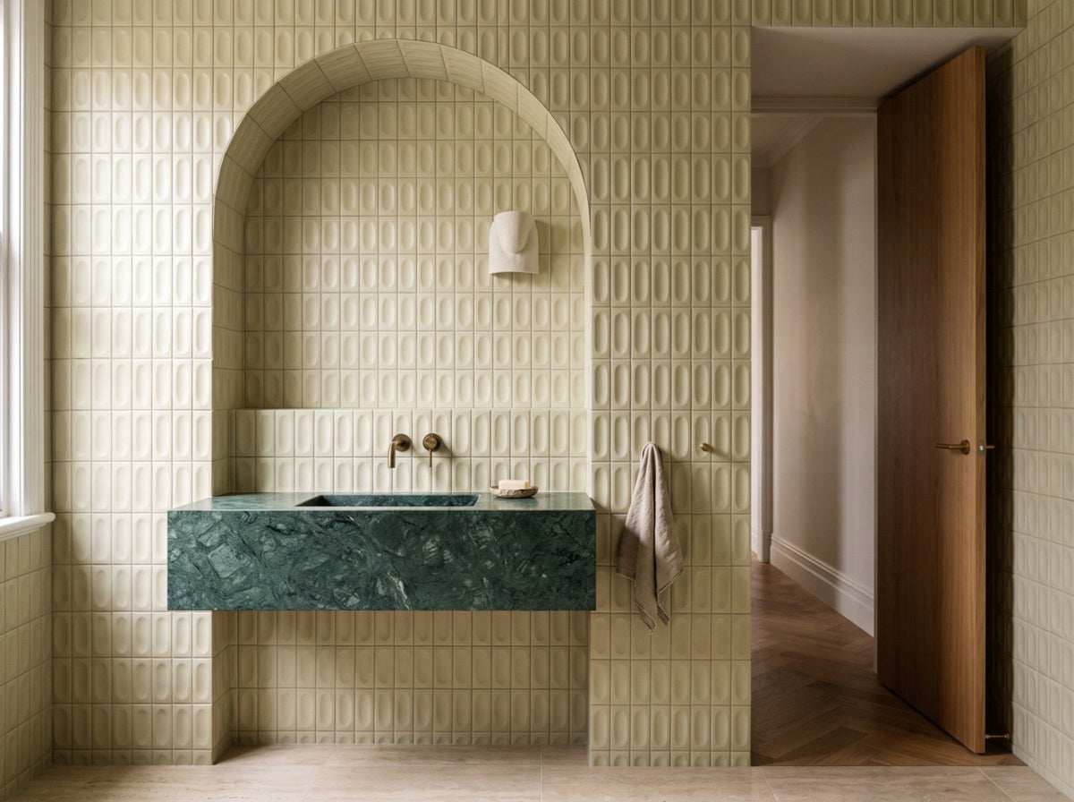 Confetto Salvia 3D Matt 50x150 tiles in a powder