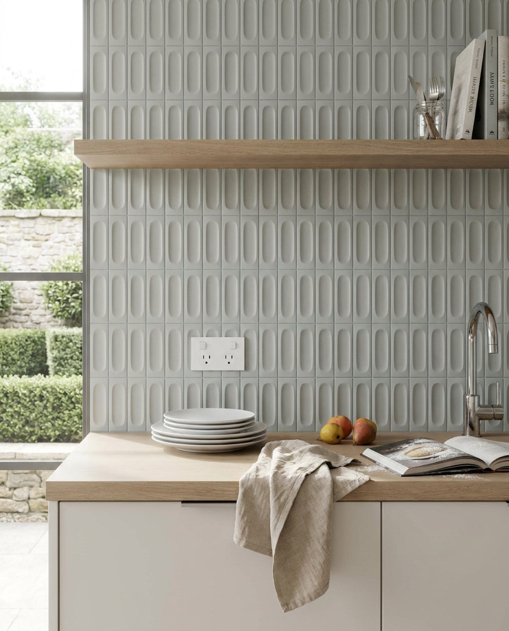 Confetto Azzurro 3D Matt 50x150 tiles in a kitchen