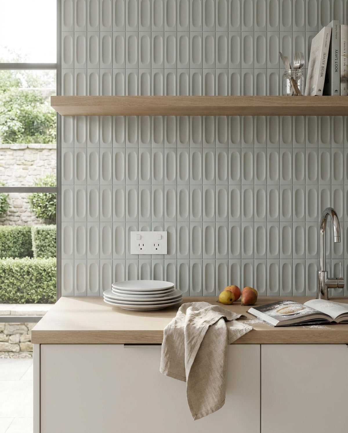 Confetto Azzurro 3D Matt 50x150 tiles in a kitchen