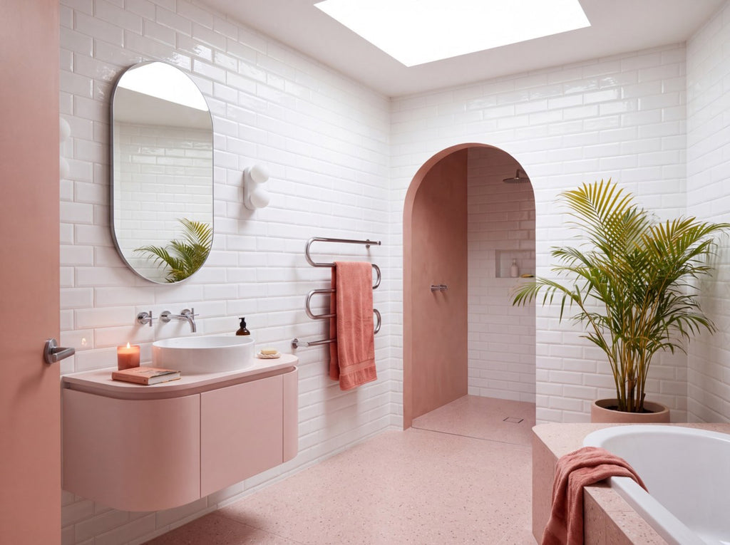 Bega White Cushion Edge Gloss 75x150 tiles in a bathroom
