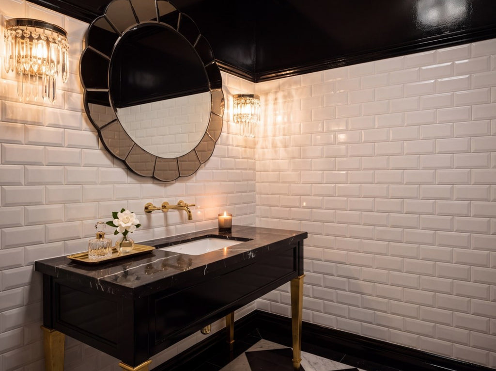 Bega White Bevelled Gloss 100x200 tiles in a powder