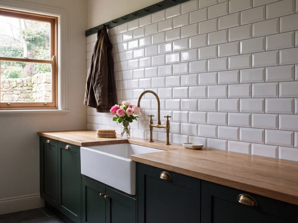 Bega White Bevelled Gloss 100x300 tiles in a room