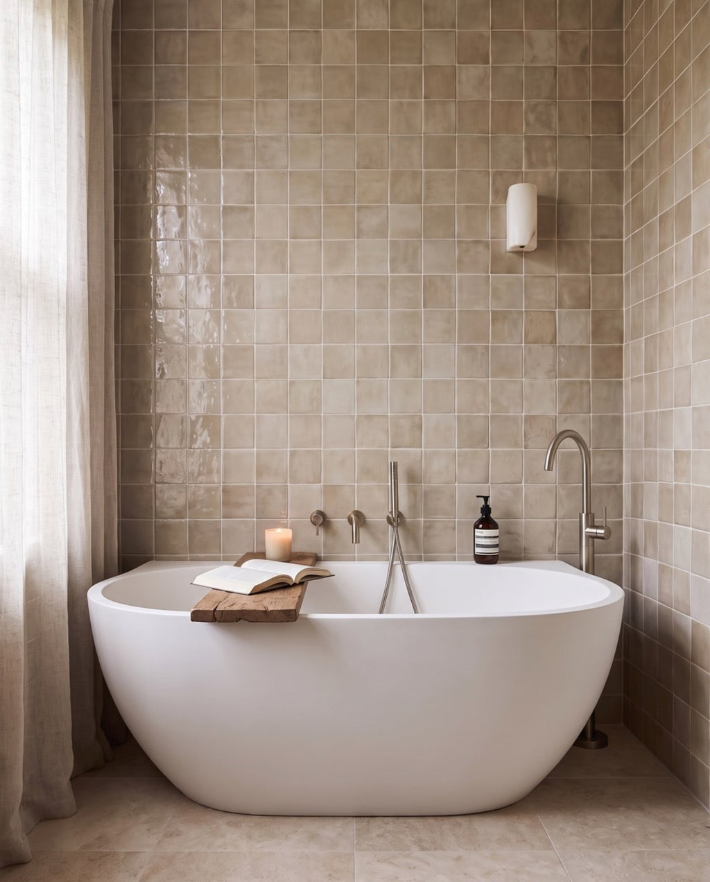 Blocchi Cipria Taupe Square Gloss 100x100 tiles in a bathroom