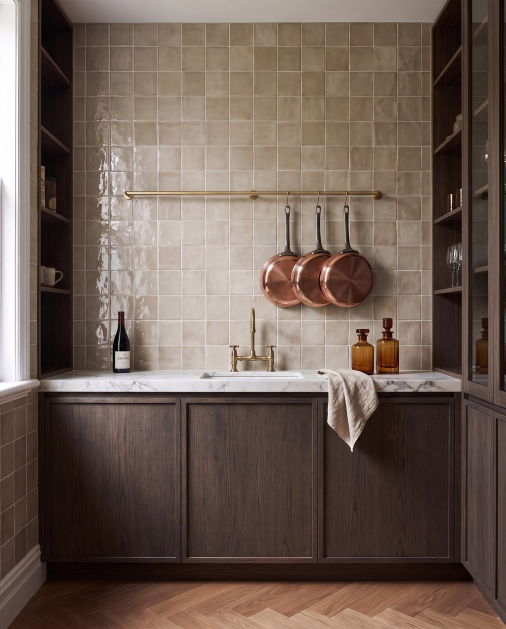 Blocchi Cipria Taupe Square Gloss 100x100 tiles in a pantry
