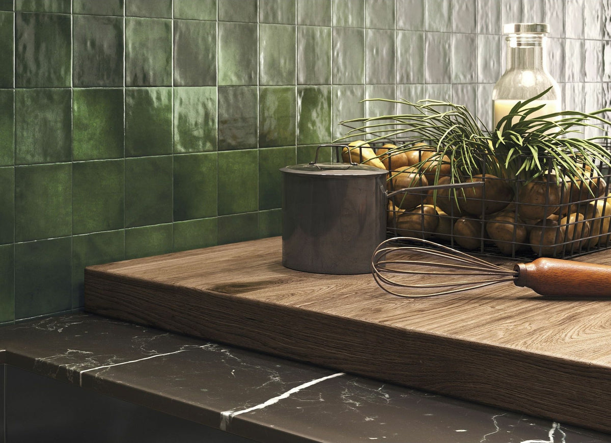 Bella Olive 2 Gloss 100x100 tiles in a room
