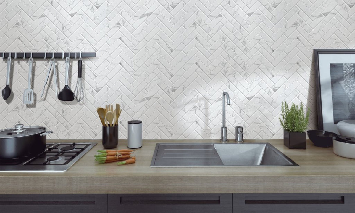 Herringbone Statuario Satin Mosaic Sheet 280x325 tile