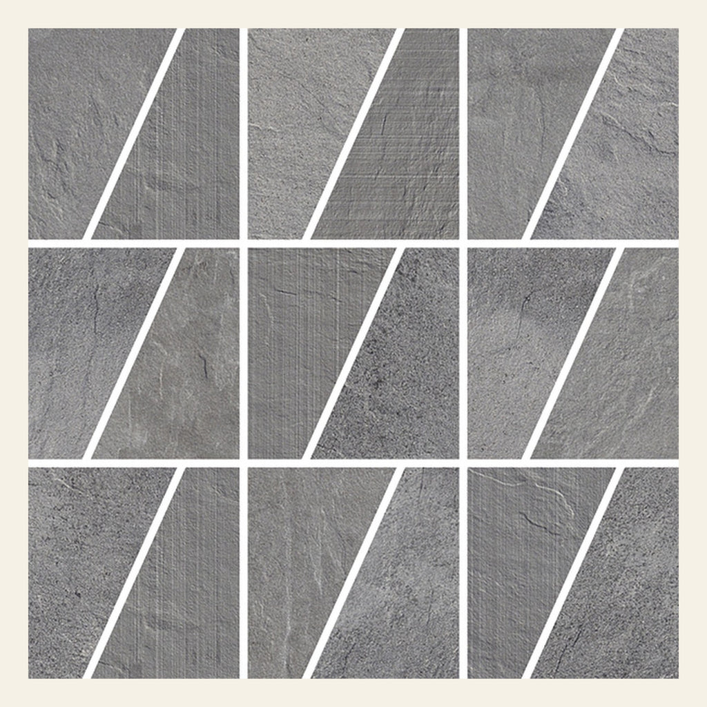 Ardesia Mix Cenere Traezzi Mosaic Sheet 375x375, true-scale swatch: 400 x 400 mm of wall at real size