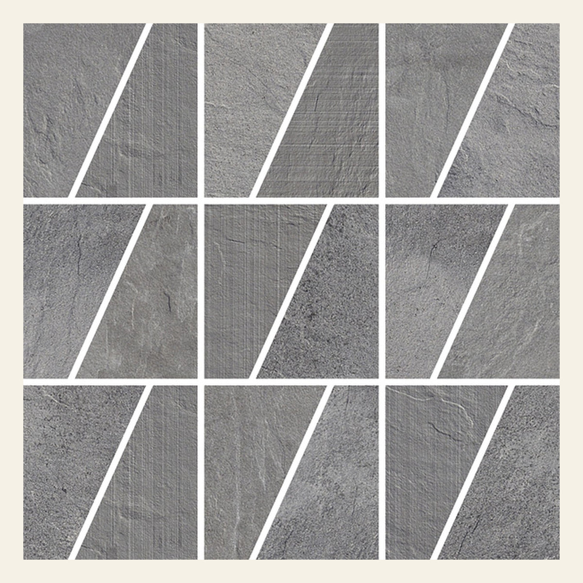 Ardesia Mix Cenere Traezzi Mosaic Sheet 375x375, true-scale swatch: 400 x 400 mm of wall at real size