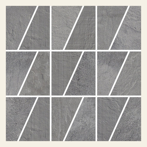 Ardesia Mix Cenere Traezzi Mosaic Sheet 375x375, true-scale swatch: 400 x 400 mm of wall at real size
