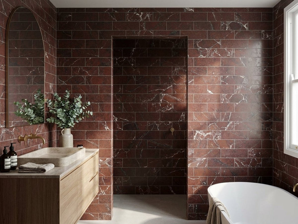 Banksia Bush Plum Matt 75x300 tiles in a room