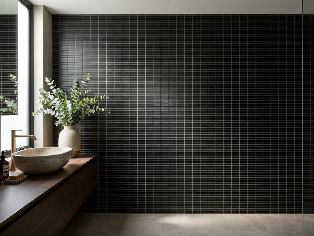 Belah Black Opal Finger Mosaic Matt 12.8x95 tiles in a room