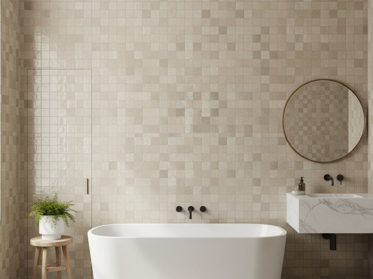 Bella Claypan Gloss 100x100 tiles in a room