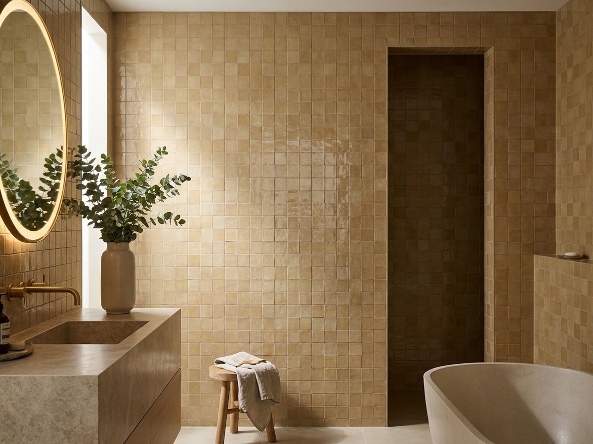 Bella Leatherwood Gloss 100x100 tiles in a room