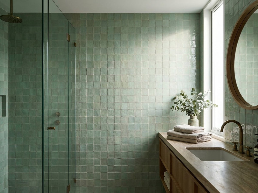 Bella Lichen Gloss 100x100 tiles in a room
