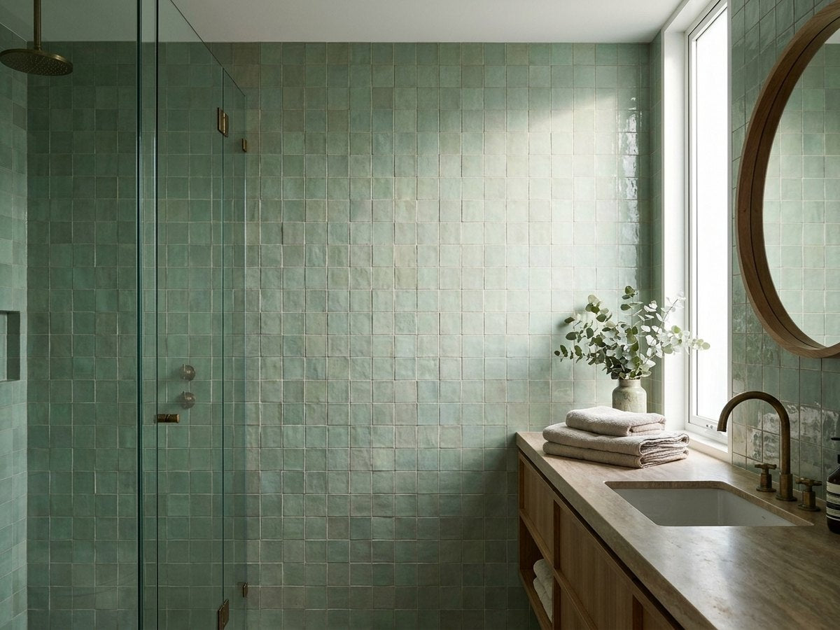 Bella Lichen Gloss 100x100 tiles in a room