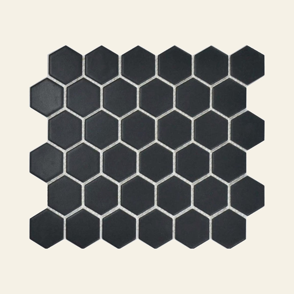 Black Big Hexagon Matt 50x50 Mosaic, true-scale swatch: 400 x 400 mm of wall at real size