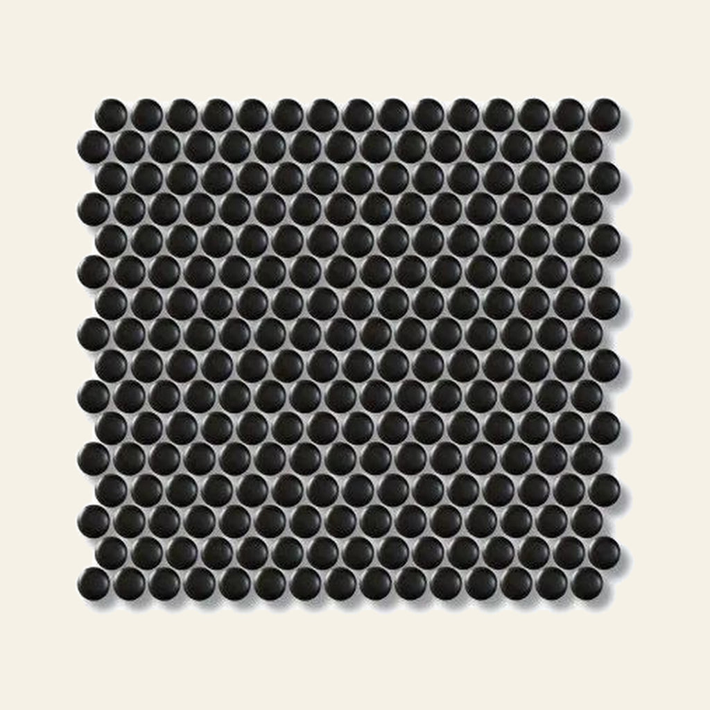 Black Penny Gloss Mosaic Sheet 292x315, true-scale swatch: 400 x 400 mm of wall at real size