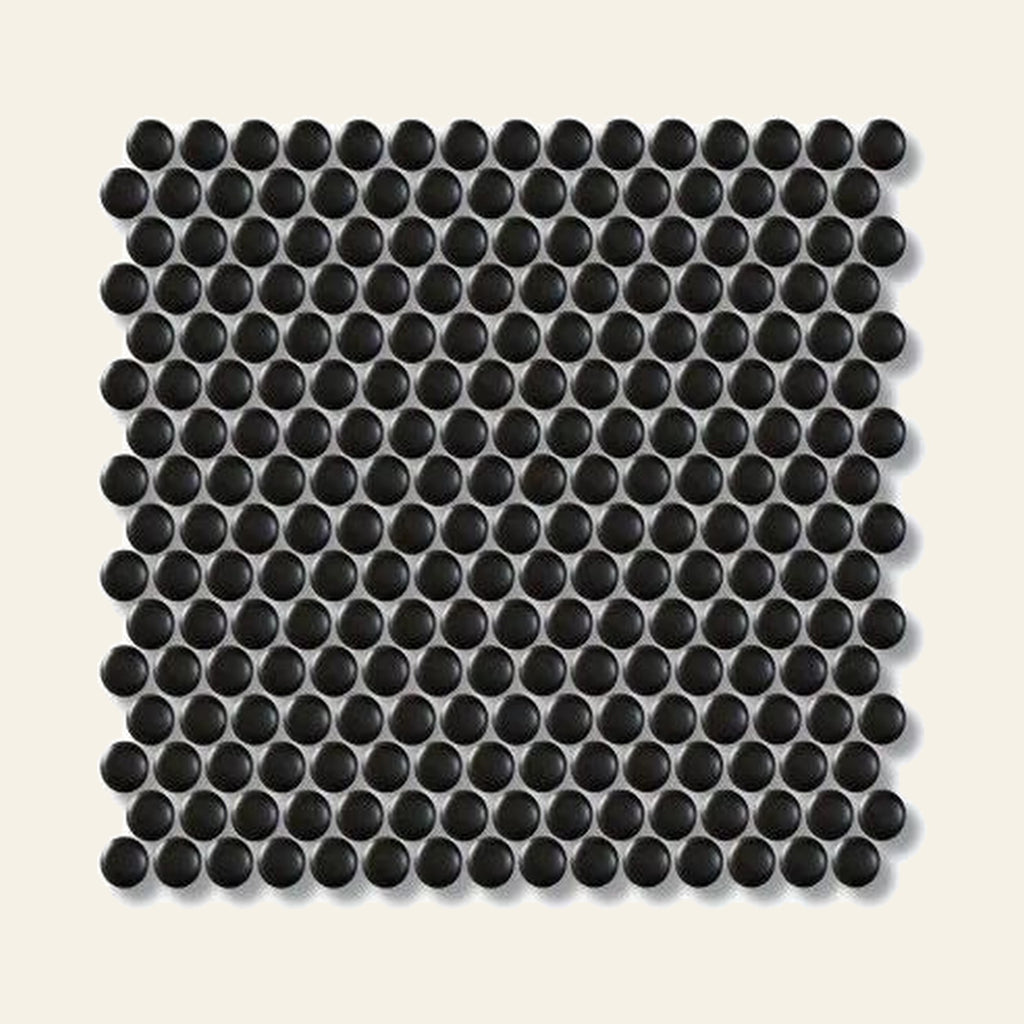 Black Penny Matt Mosaic Sheet 310x324, true-scale swatch: 400 x 400 mm of wall at real size
