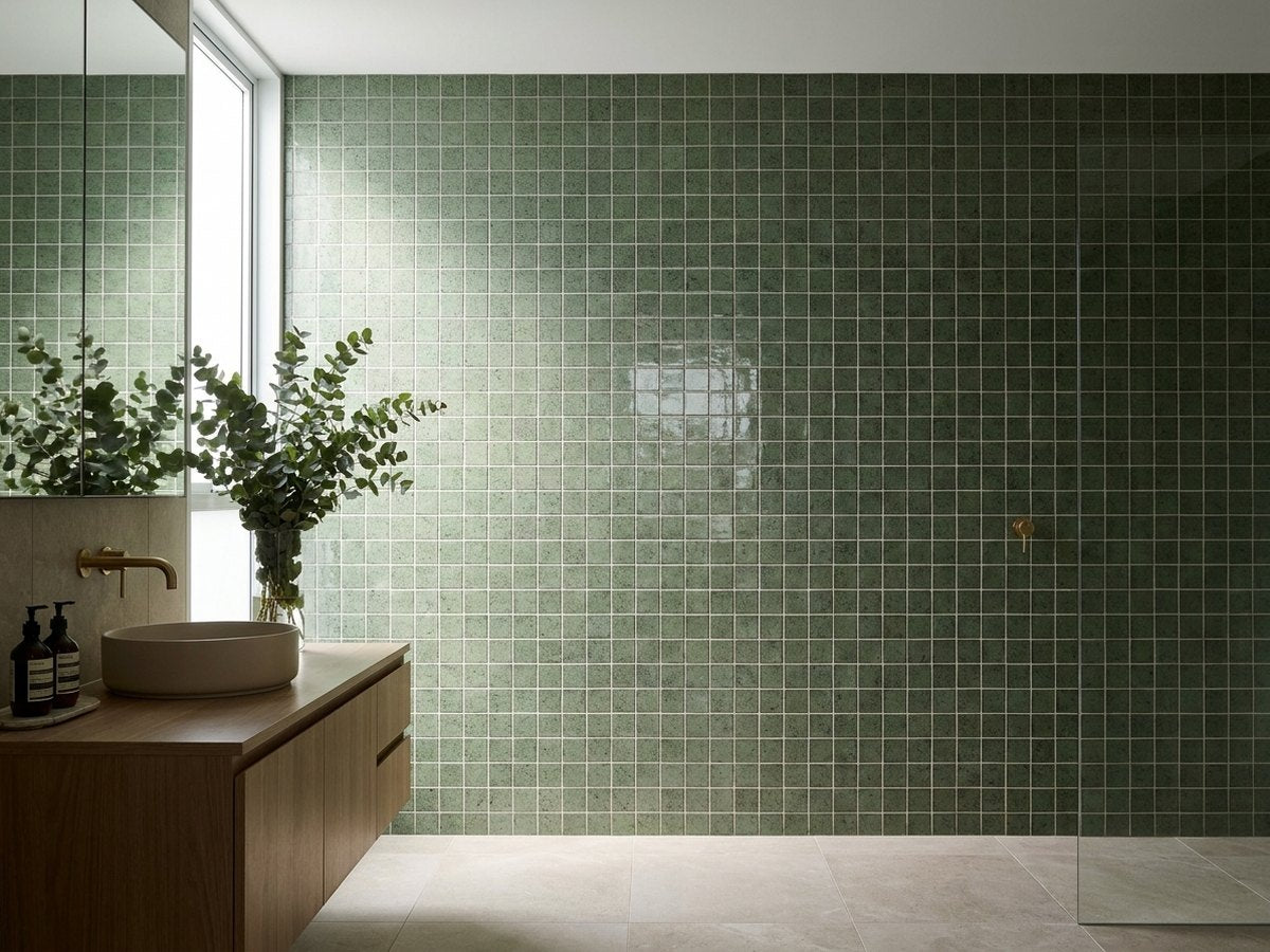 Blocchi Bracken Gloss 100x100 tiles in a room