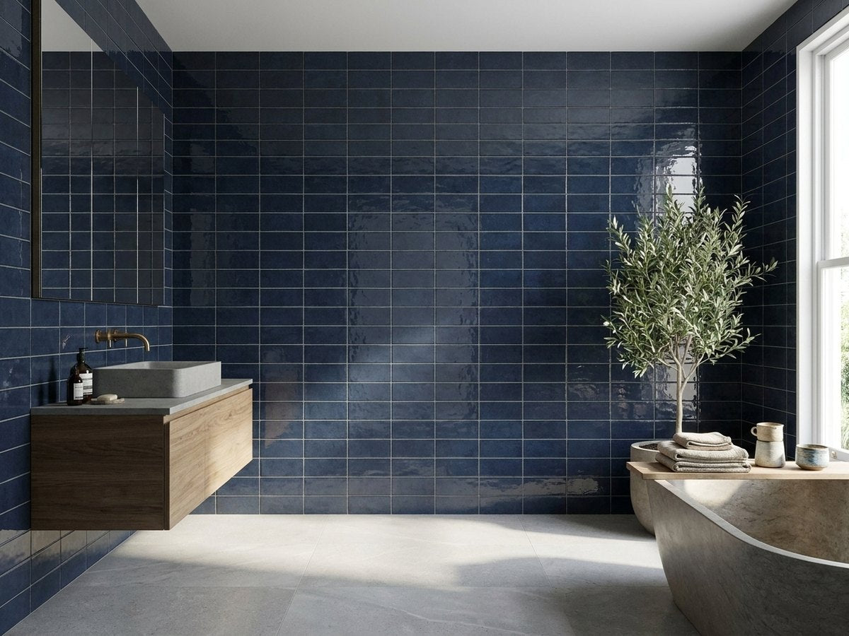 Blocchi Harbour Navy Gloss 60x246 tiles in a room
