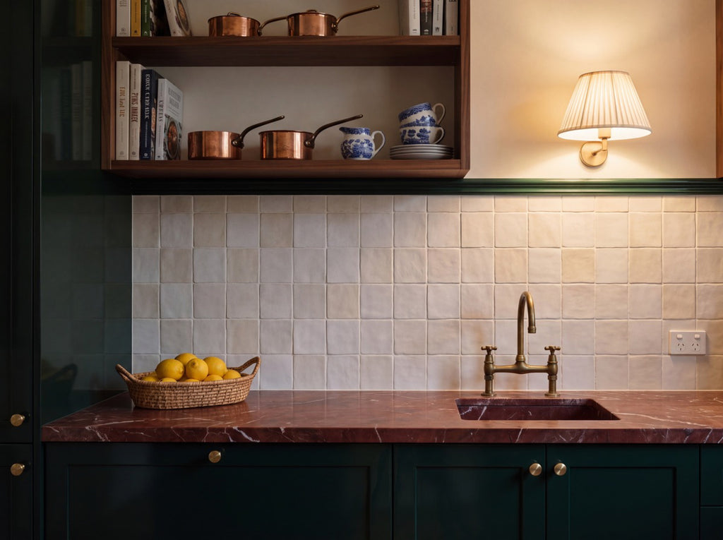 Blocchi Saltpan Matt 100x100 tiles in a pantry