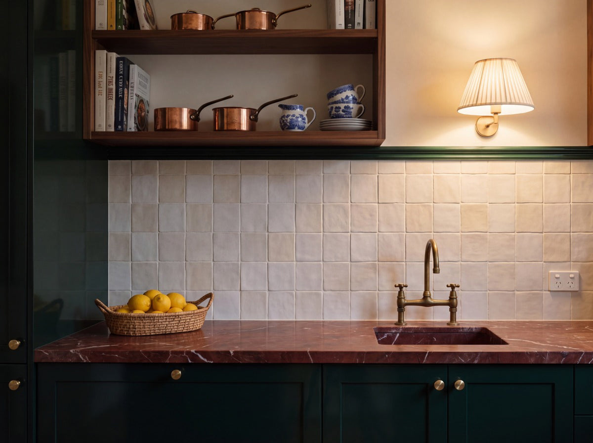 Blocchi Saltpan Matt 100x100 tiles in a pantry