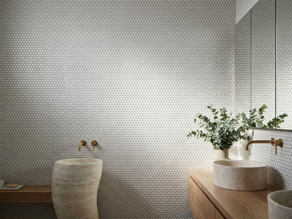 Bluegum Whitecap Penny Mosaic Matt 292x315 tiles in a room