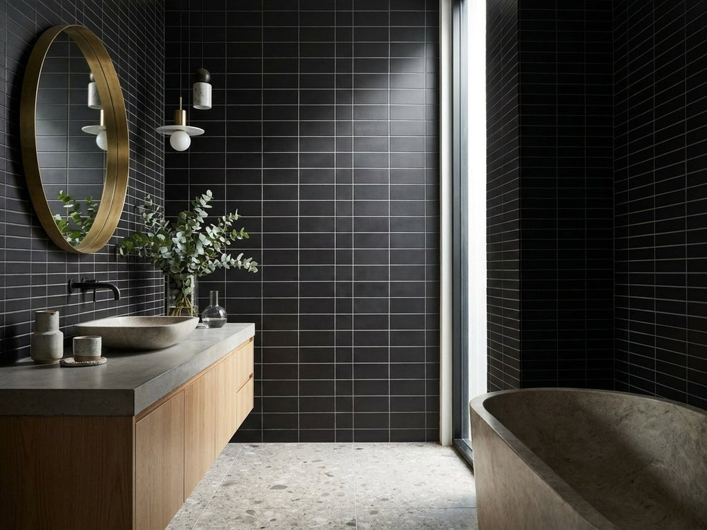 Buchan Ebony Concave Finger Mosaic Matt 20x145 tiles in a room