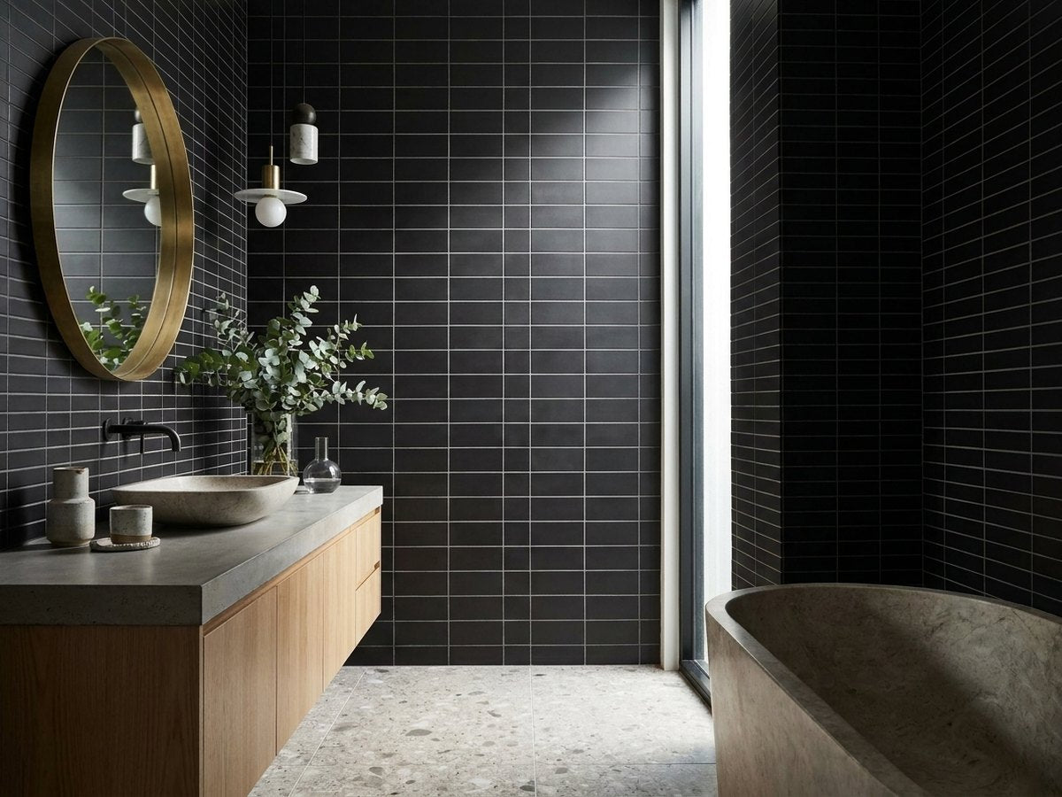Buchan Ebony Concave Finger Mosaic Matt 20x145 tiles in a room