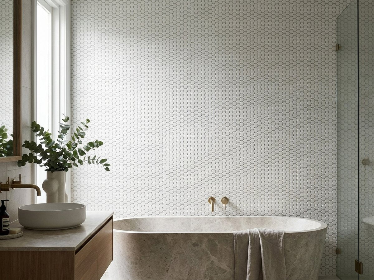 Buninyong Chalk Hexagon Mosaic Matt 60x100 tiles in a room