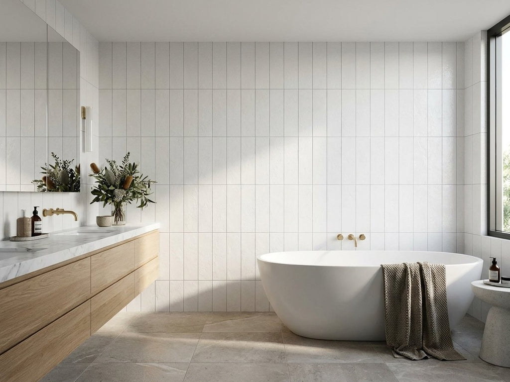 Campaspe Pipeclay Textured Honed 75x300 tiles in a room