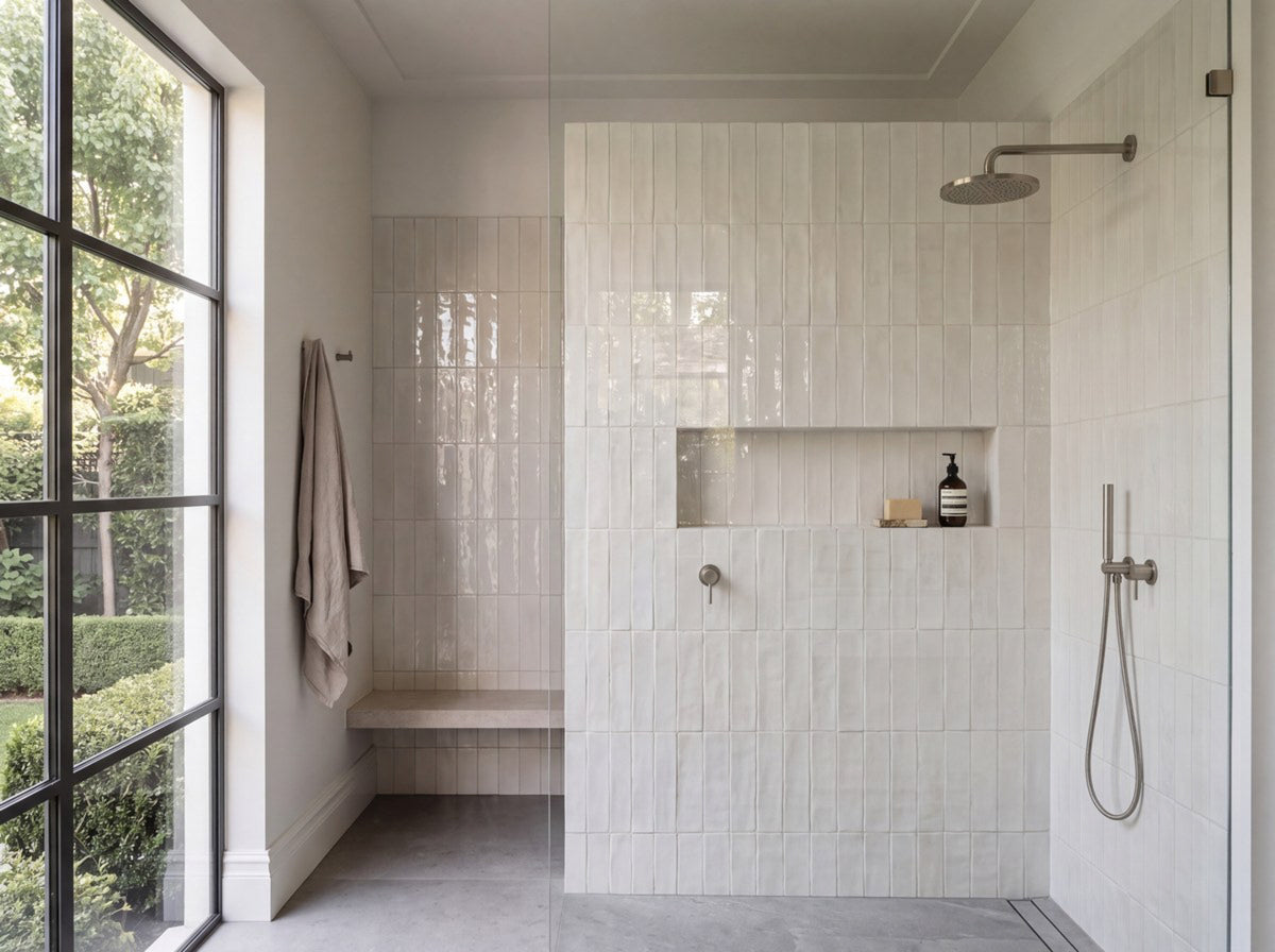 Coolabah White Opal Brick Gloss 75x300 tiles in a room