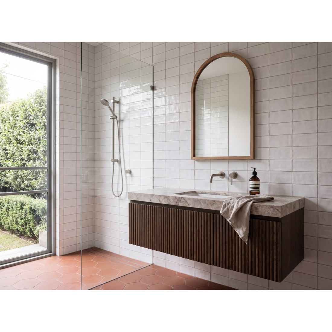 Coolabah White Opal Brick Matt 75x150 tiles in a ensuite