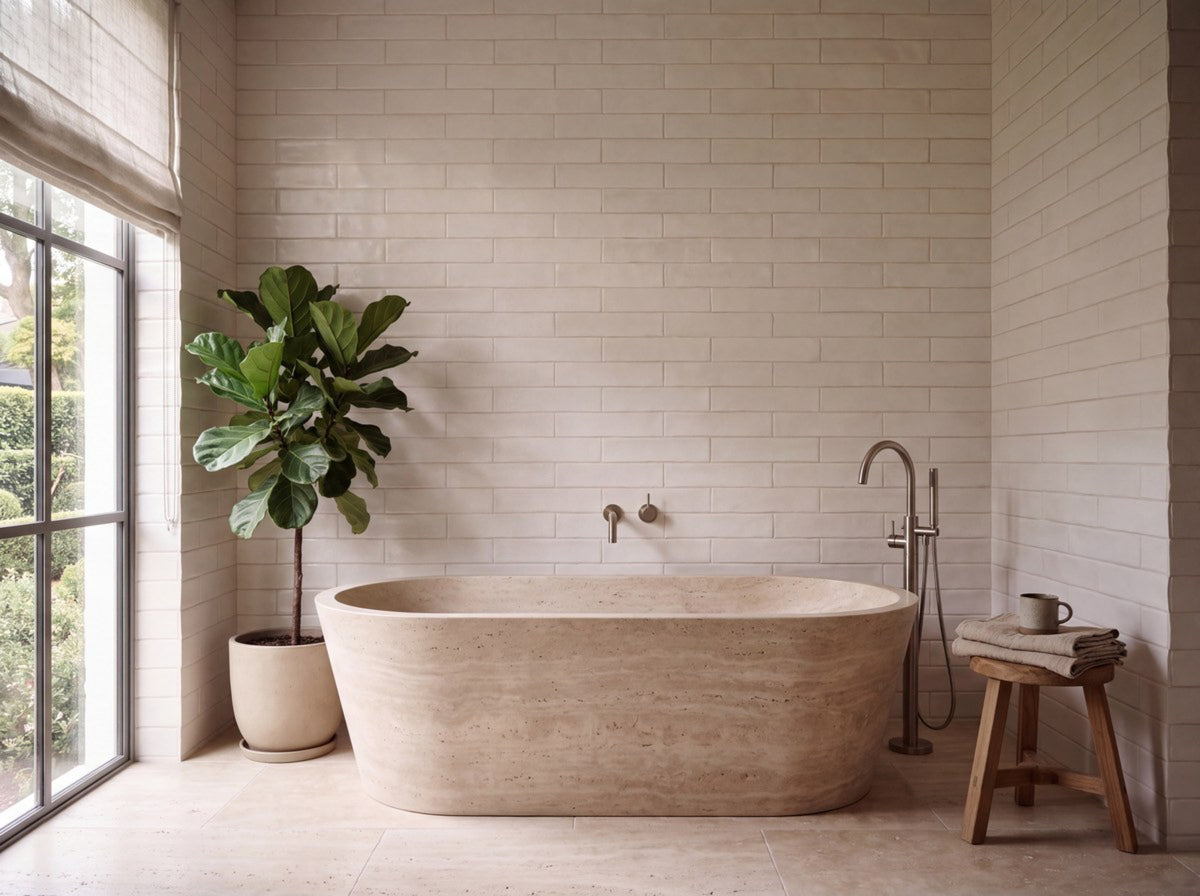 Coolabah White Opal Brick Matt 75x300 tiles in a room