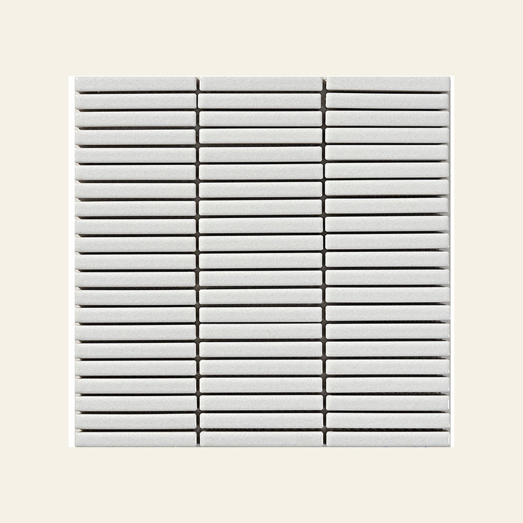 Crystal Glaze Shell White Porcelain Glazed 12x92 Finger Mosaic, true-scale swatch: 400 x 400 mm of wall at real size