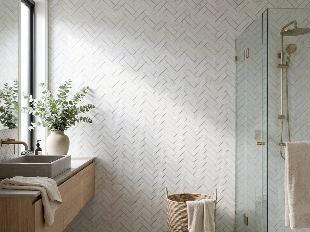 Glenelg Whitecap Herringbone Mosaic Matt 60x240 tiles in a room