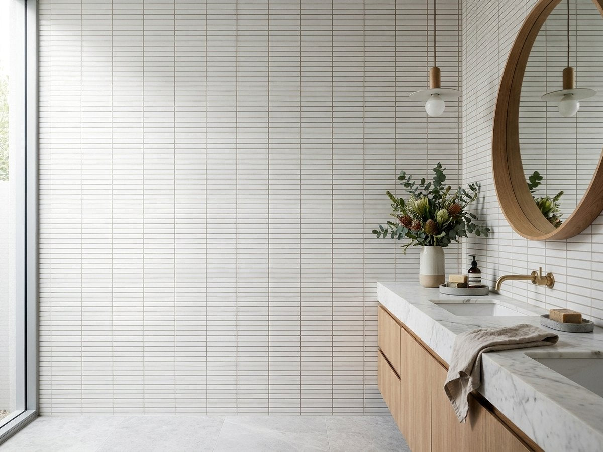 Goulburn Salt Concave Finger Mosaic Matt 22x145 tiles in a room