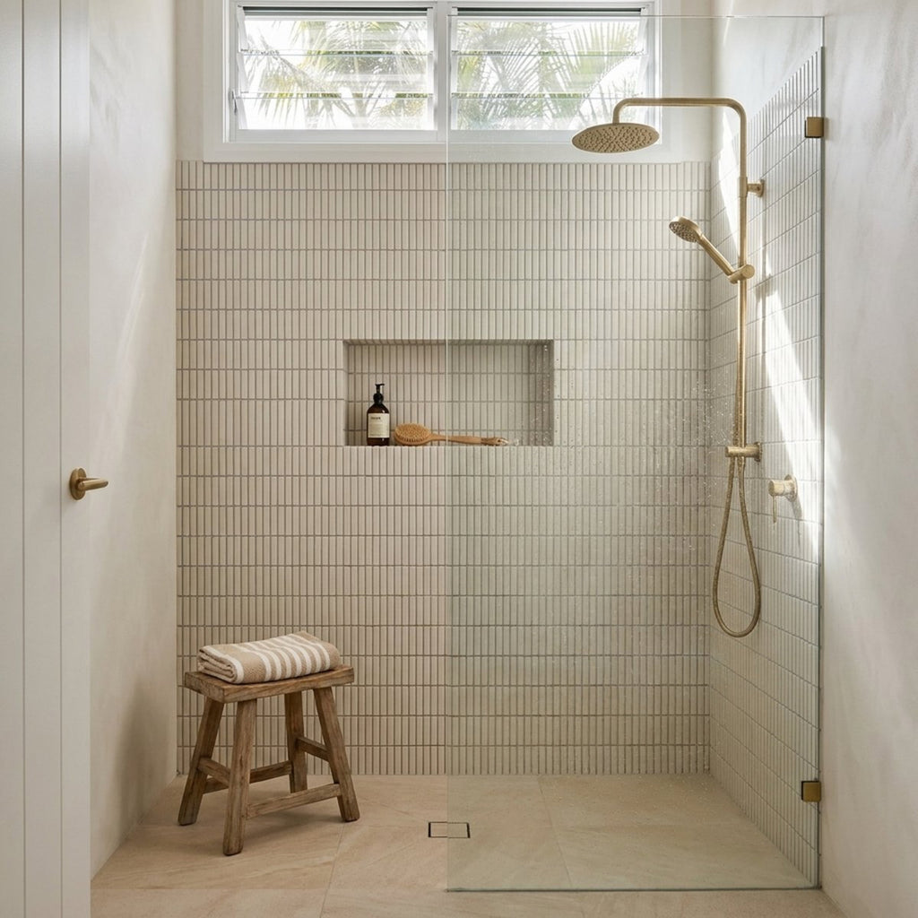 Grasstree Macadamia Finger Glazed 12x92 tiles in a shower