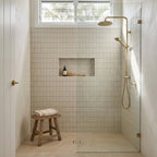 Grasstree Macadamia Finger Glazed 12x92 tiles in a shower