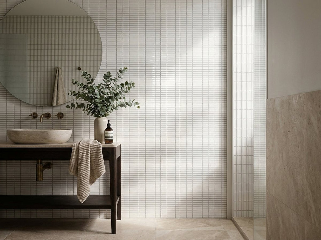 Grasstree Macadamia Finger Glazed 12x92 tiles in a room