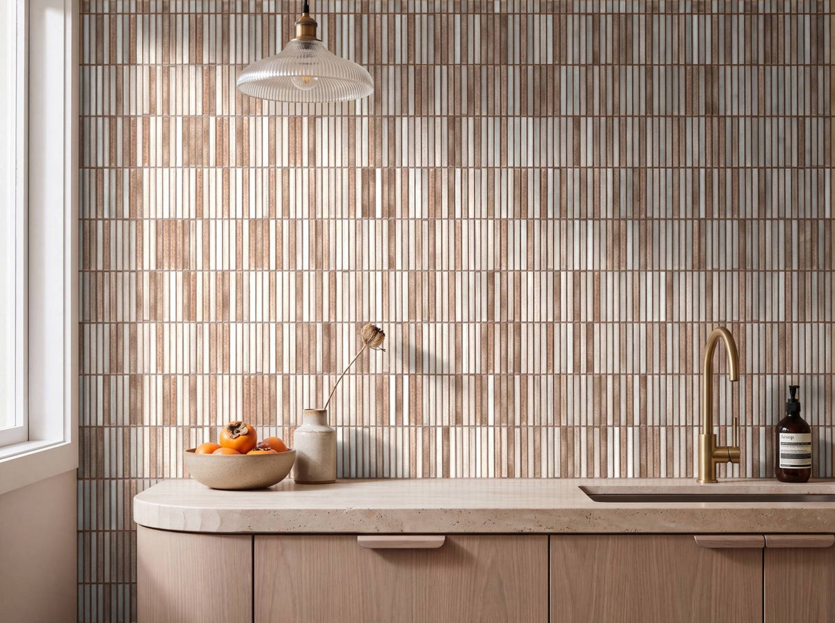 Hakea Driftwood Finger Mosaic Glazed 12x92 tiles in a kitchen