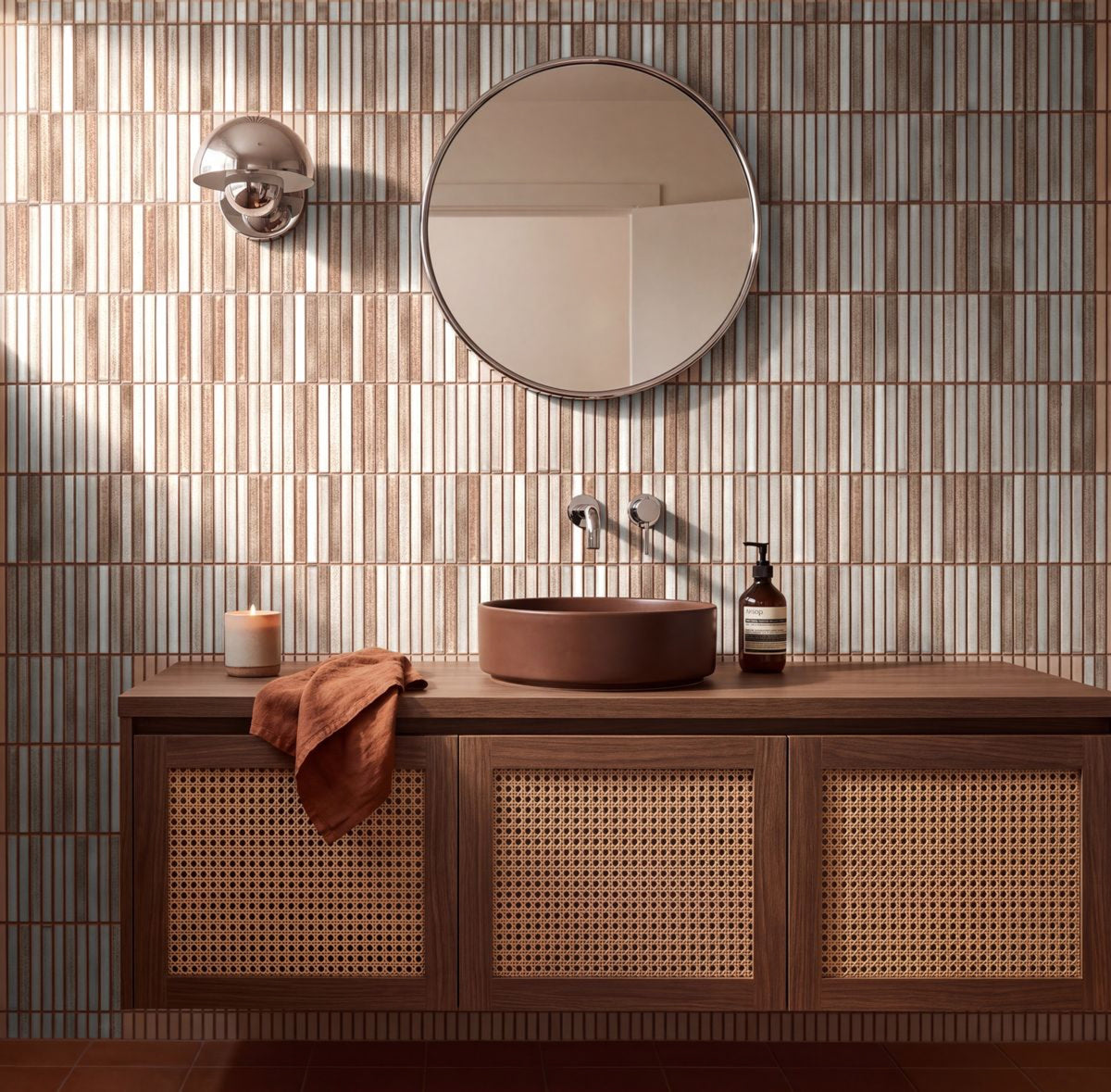 Hakea Driftwood Finger Mosaic Glazed 12x92 tiles in a powder