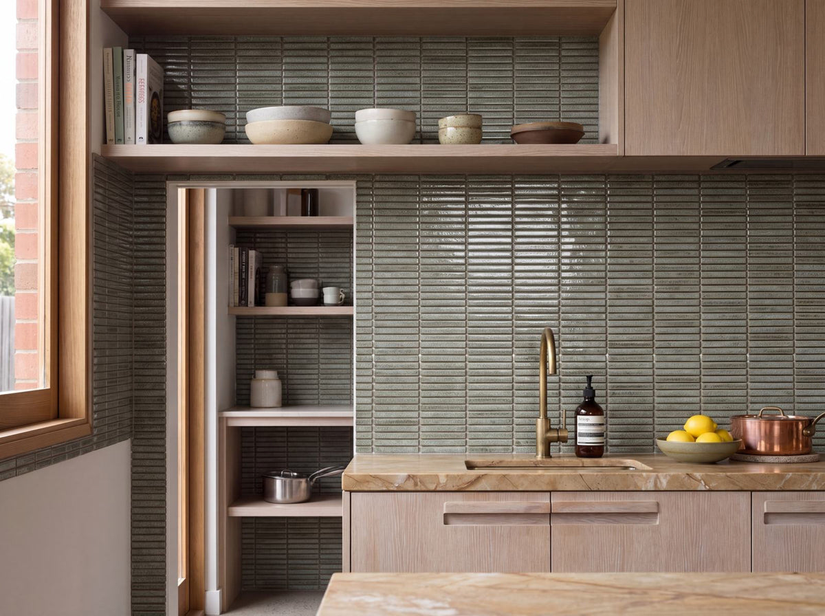 Hakea Kelp Finger Mosaic Glazed 12x92 tiles in a room