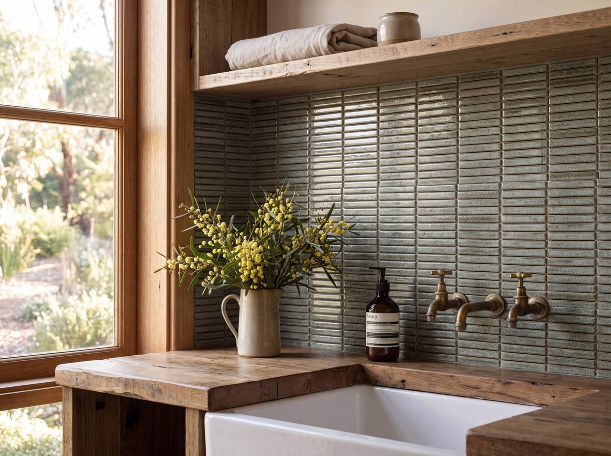 Hakea Kelp Finger Mosaic Glazed 12x92 tiles in a laundry