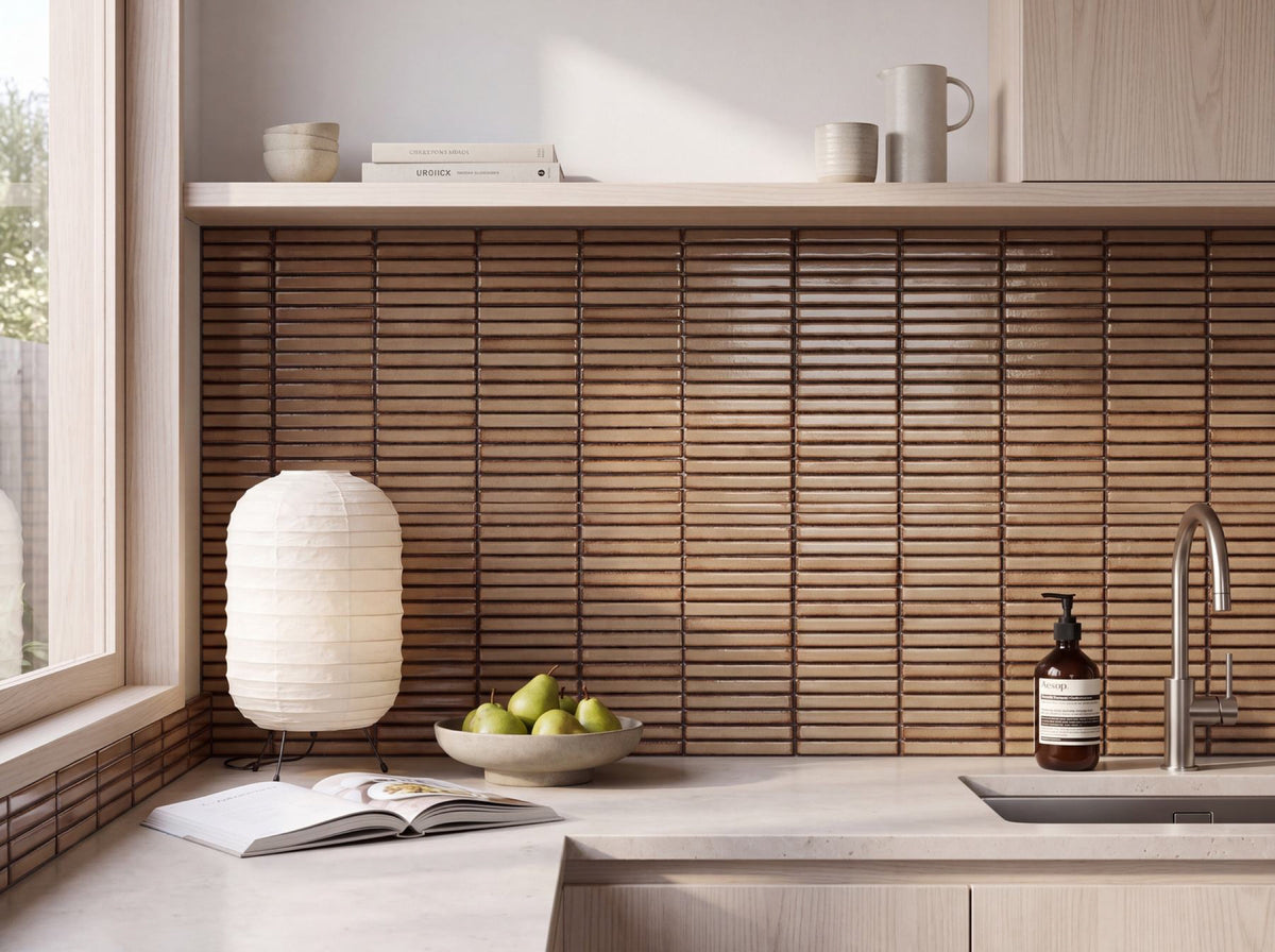 Hakea Tanbark Finger Mosaic Glazed 12x92 tiles in a kitchen