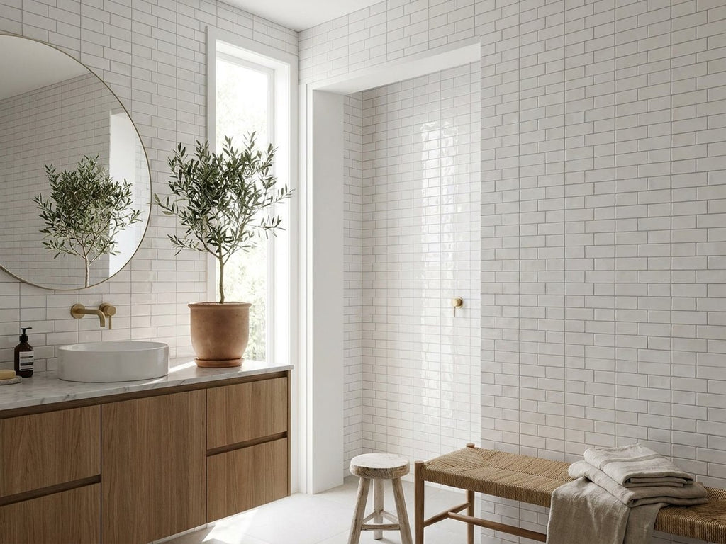 Heritage Ghost Gum Gloss 75x150 tiles in a room